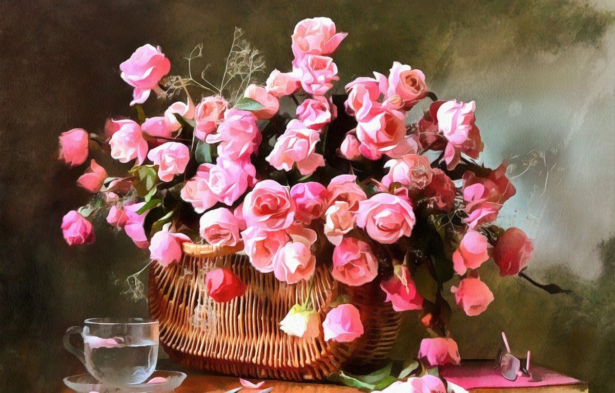 Розы в корзине натюрморт