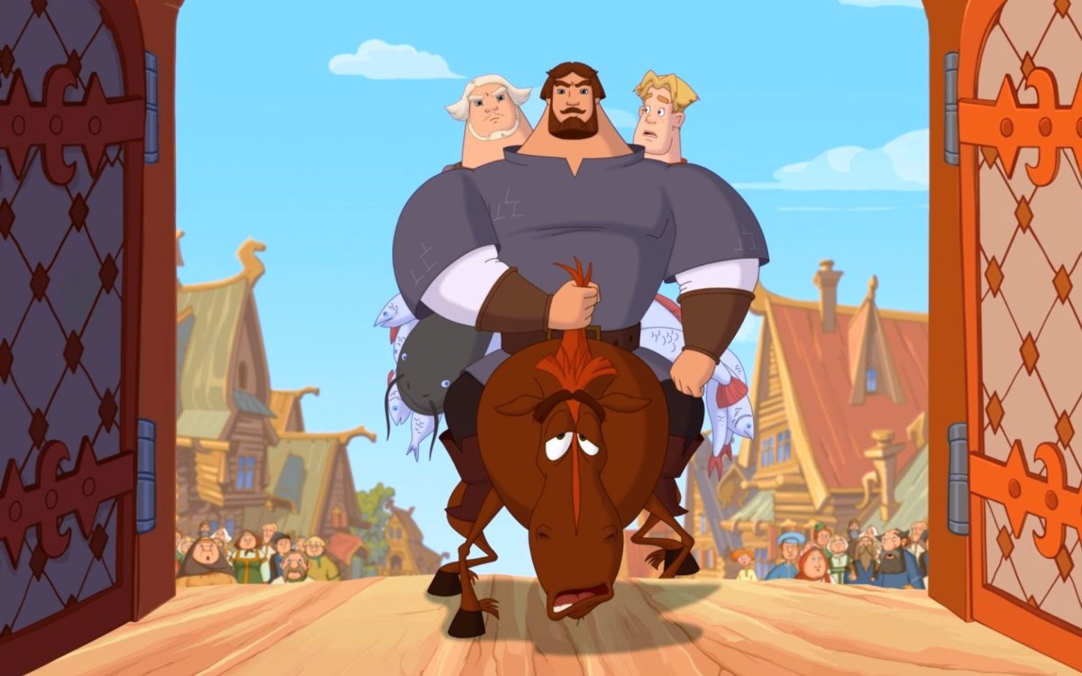 Три богатыря из мультика на белом фоне