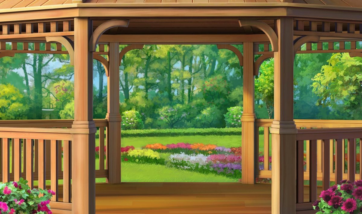 Мультяшный сад с беседкой