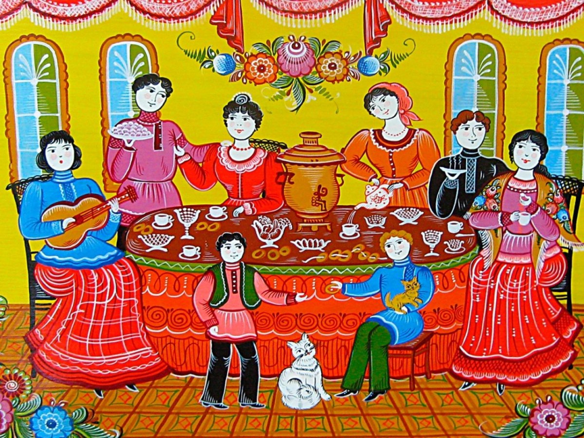 Городецкая роспись сюжет чаепития
