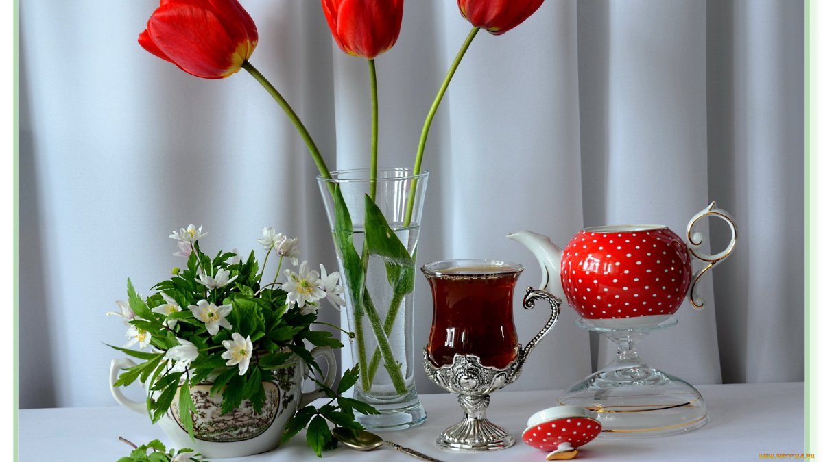 Чай у окна с тюльпанами