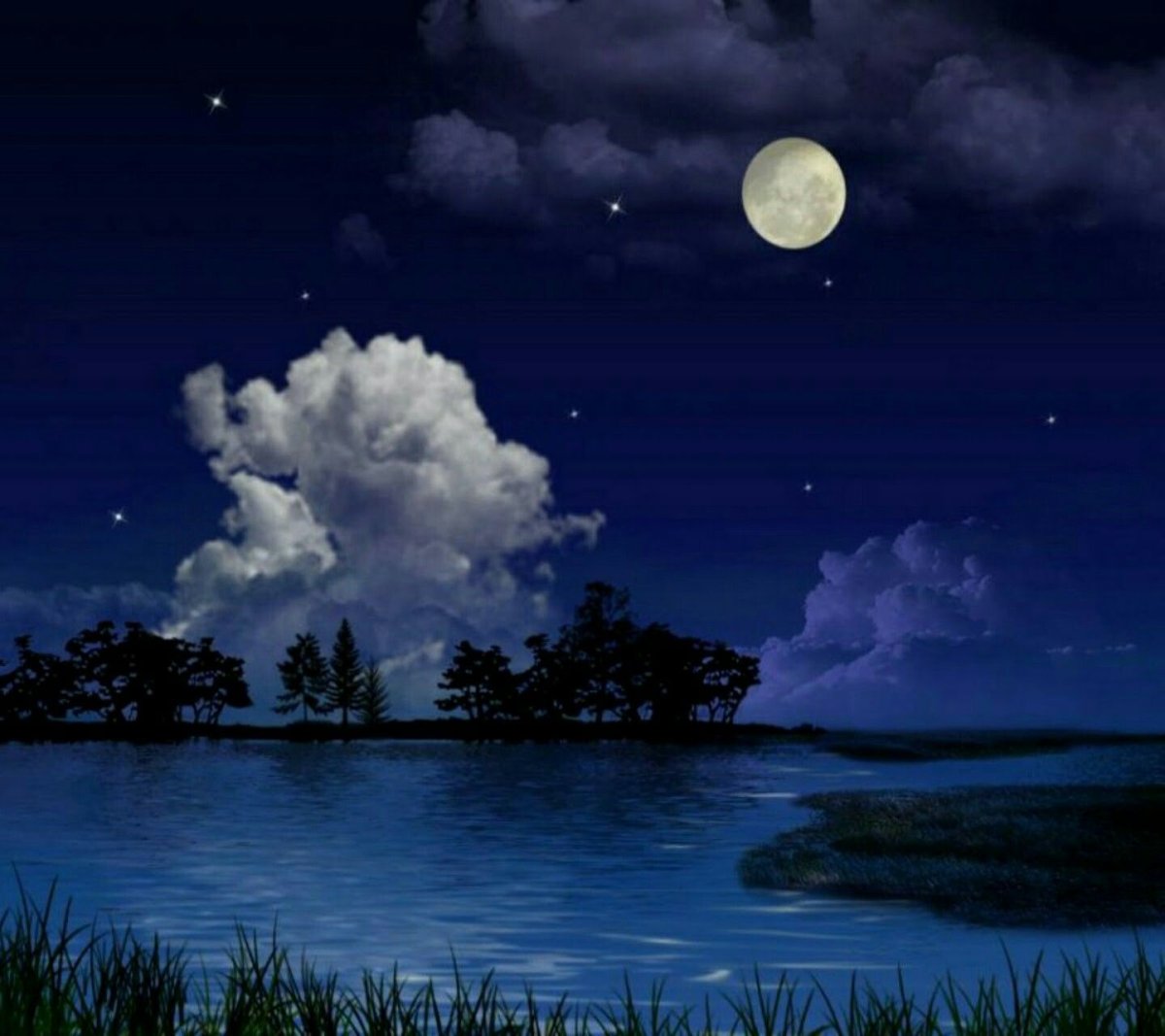 Синий ночной пейзаж с луной