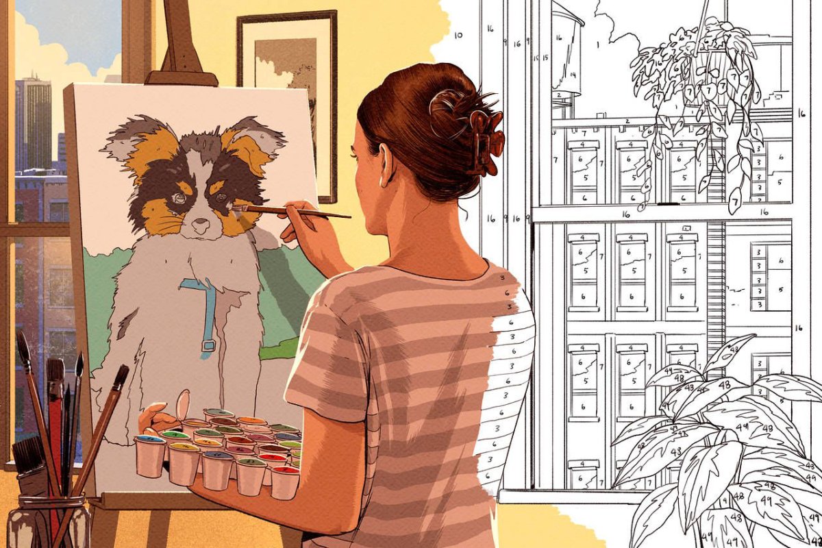 Девушка рисует картину по номерам