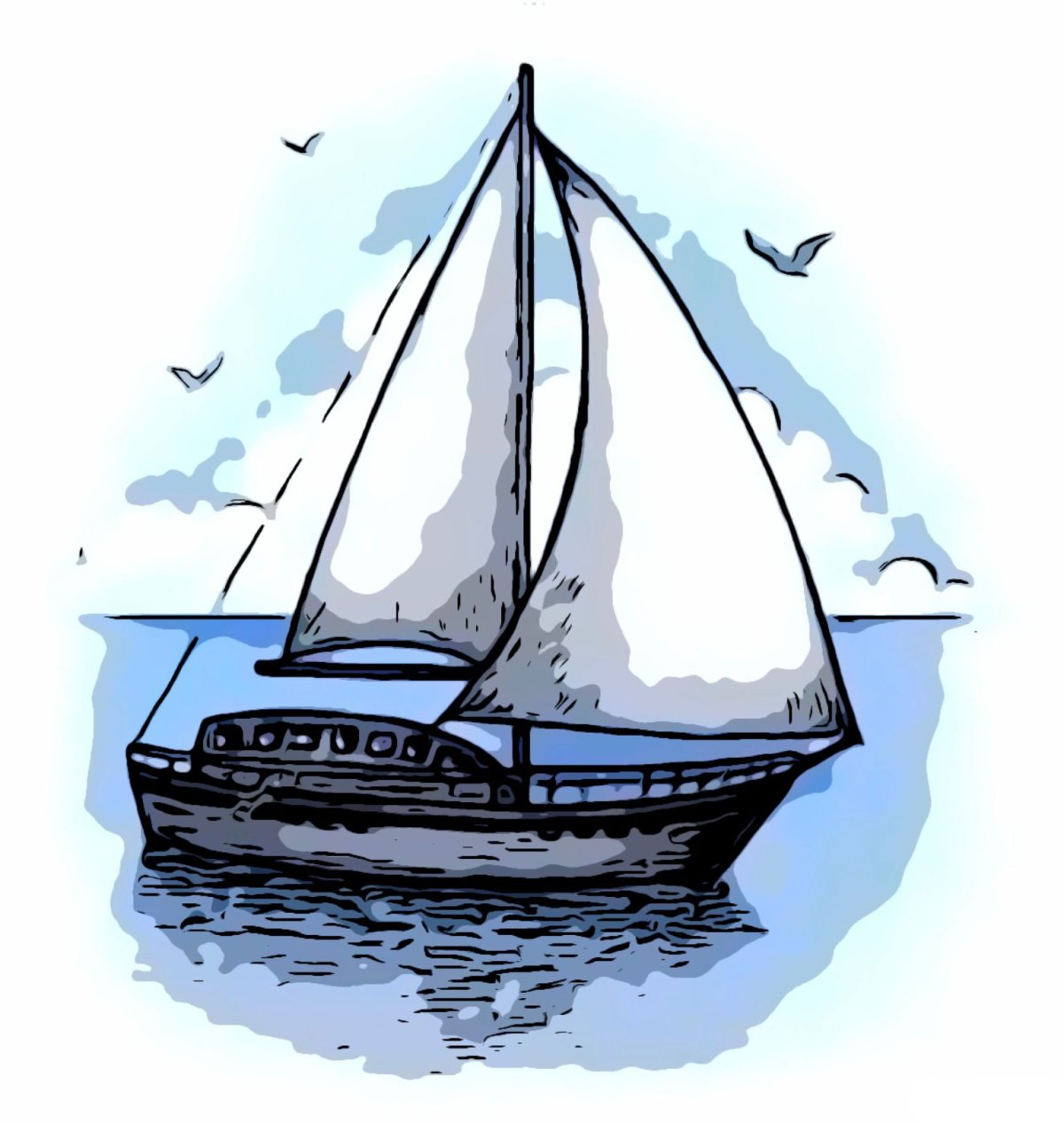 Корабль с парусами цветными карандашами
