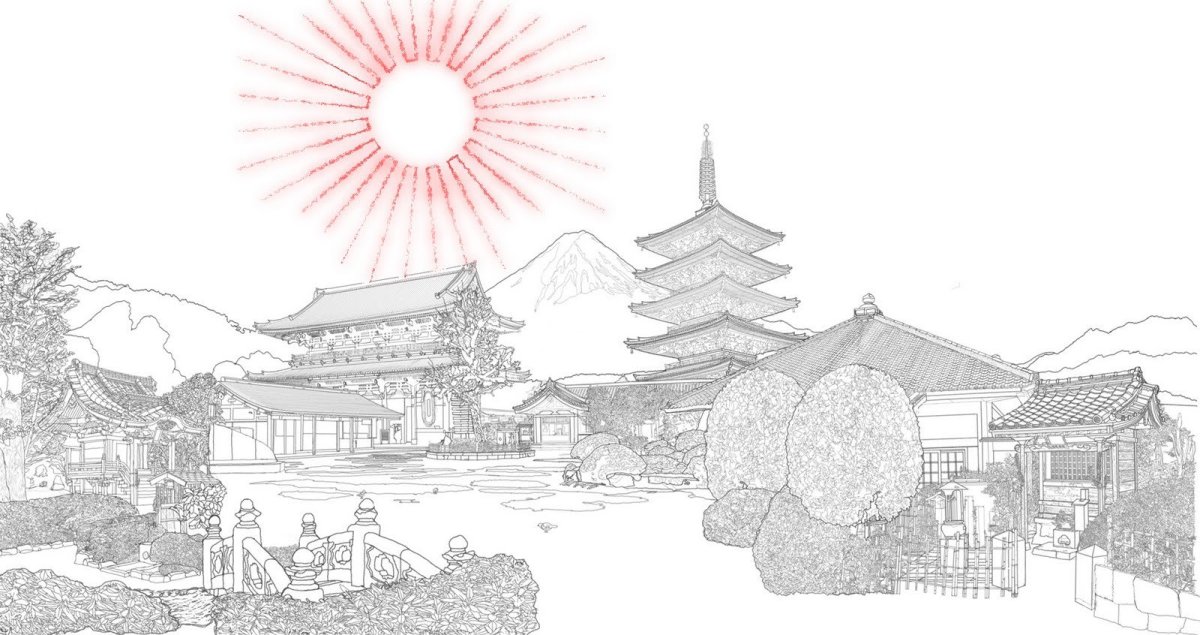 Японский пейзаж контур