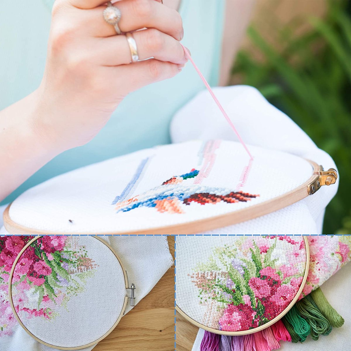 Девушка вышивает на пяльцах