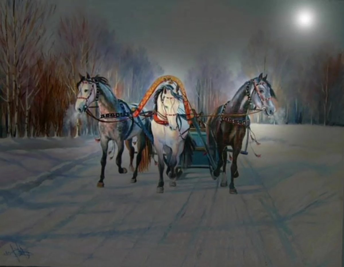 Тройка лошадей на зимней дороге