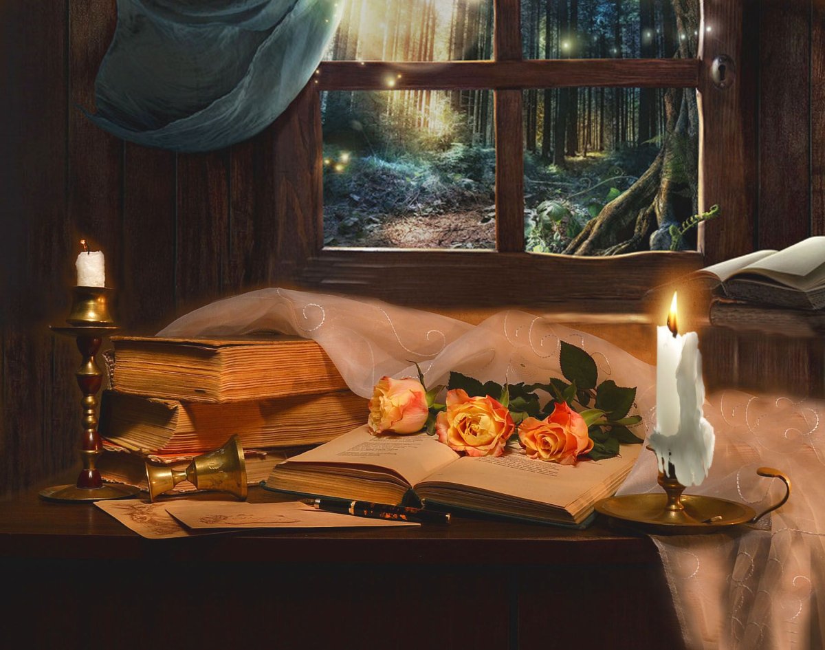 Натюрморт с книгами и свечой
