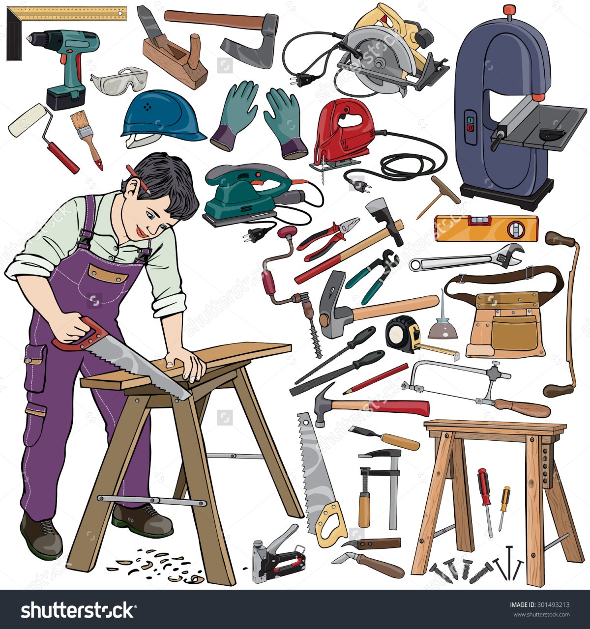 Инструменты плотника на белом фоне