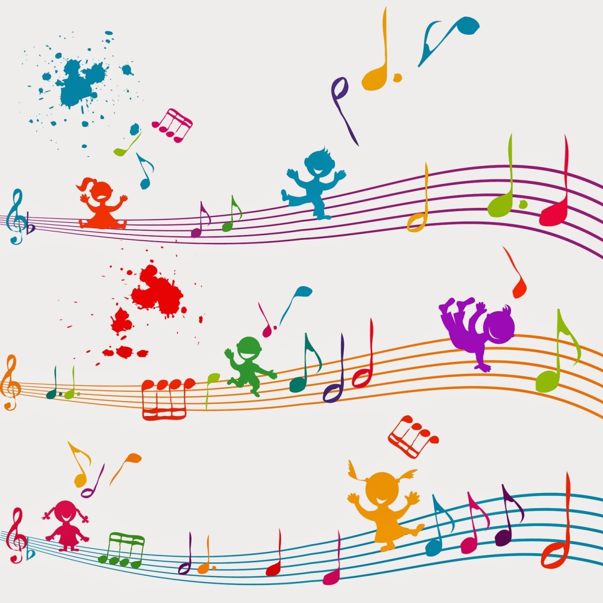 Дети с музыкальными инструментами на нотном стане