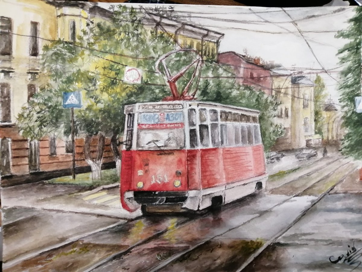 Трамвай цветными карандашами
