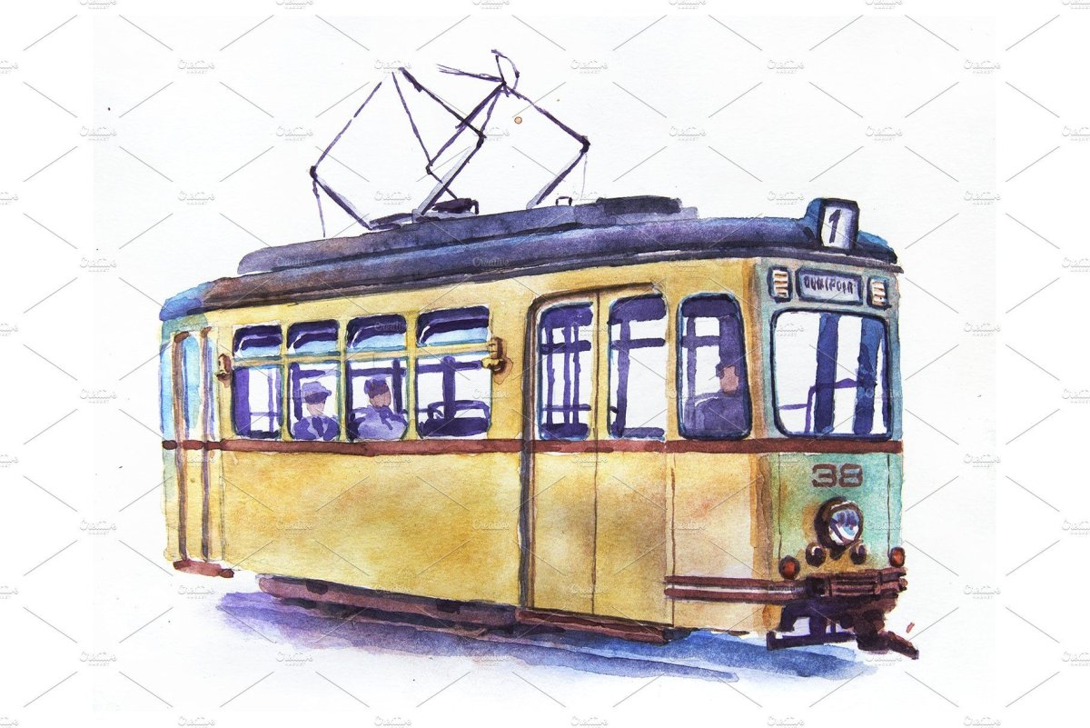 Необычный рисунок акварелью трамвай