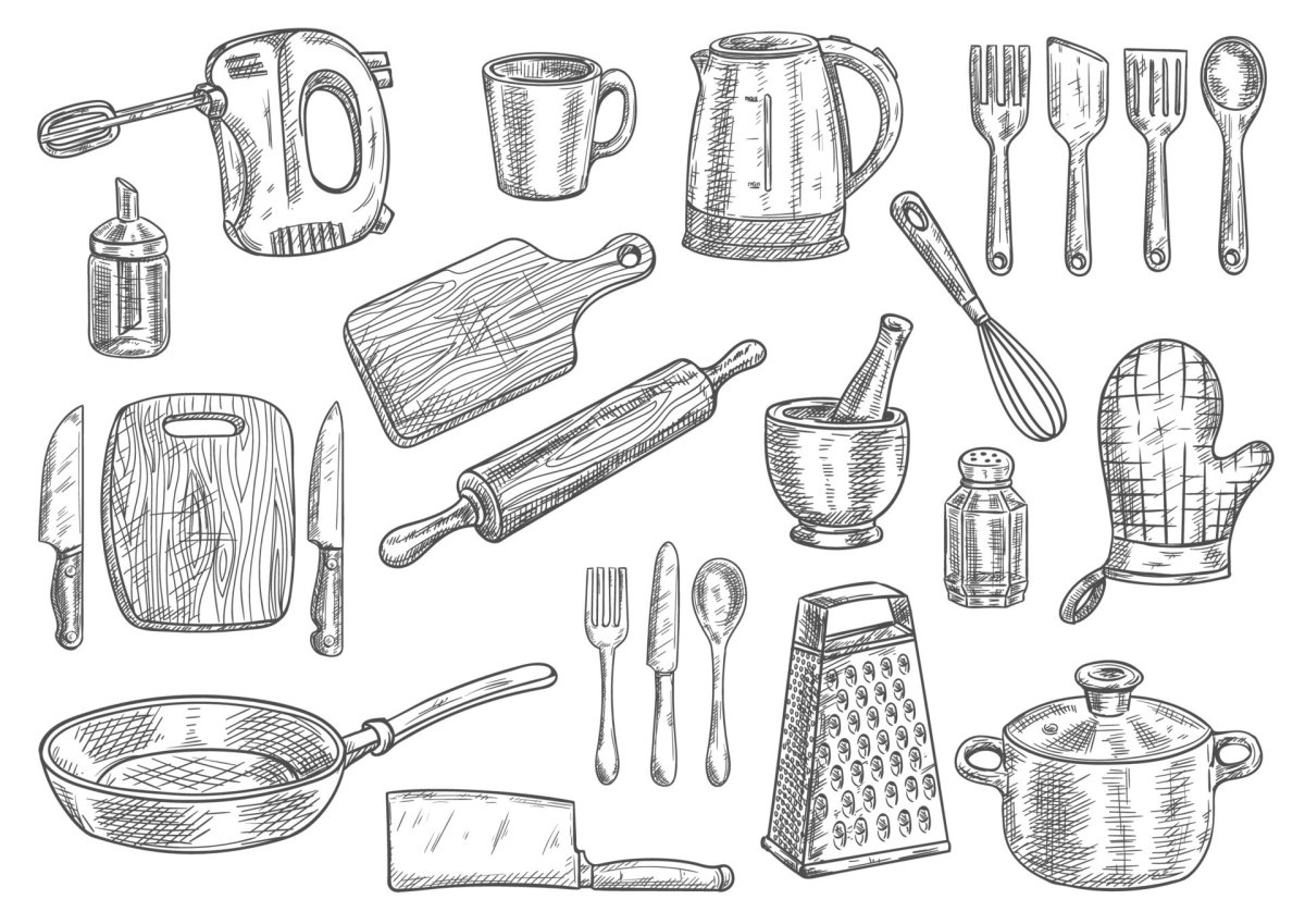 Кухонные принадлежности карандашом