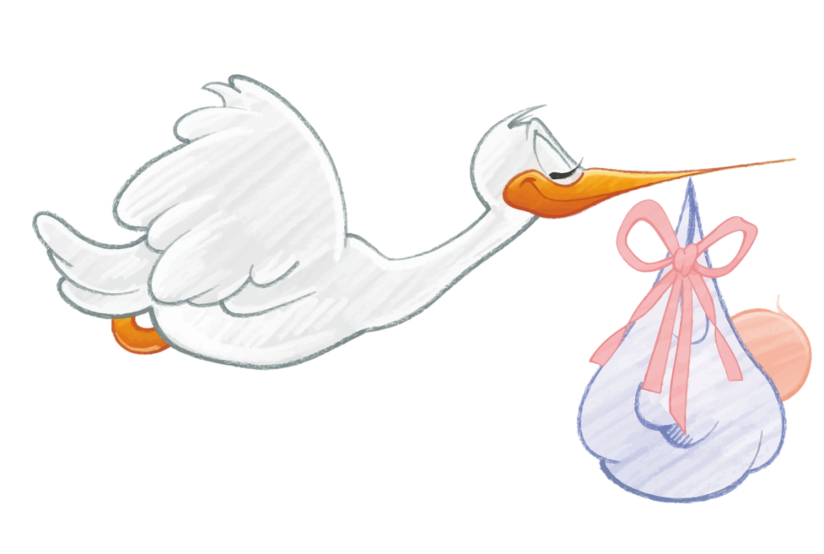 Аист с младенцем иллюстрация в бумажном стиле