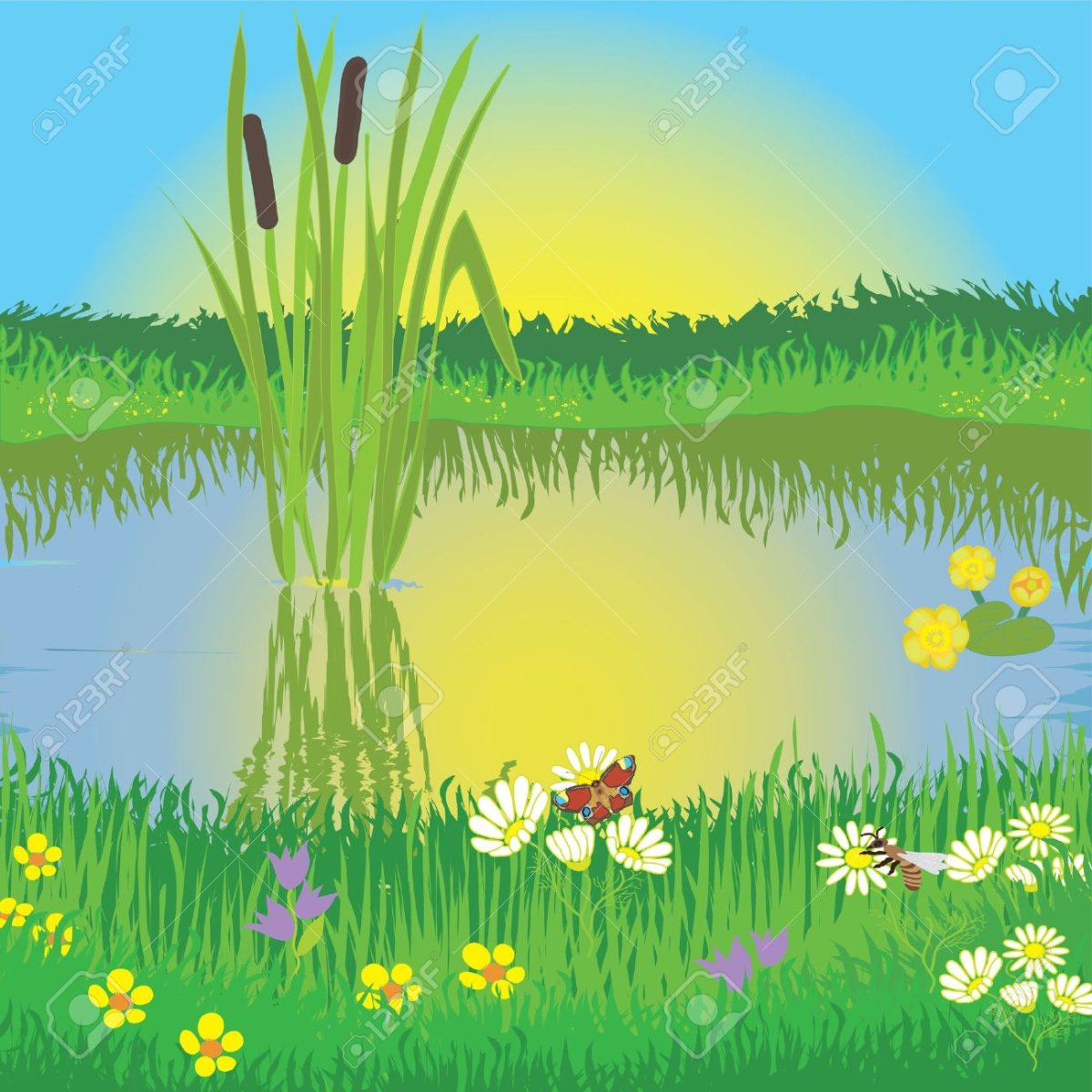 Рисунок луг и озеро