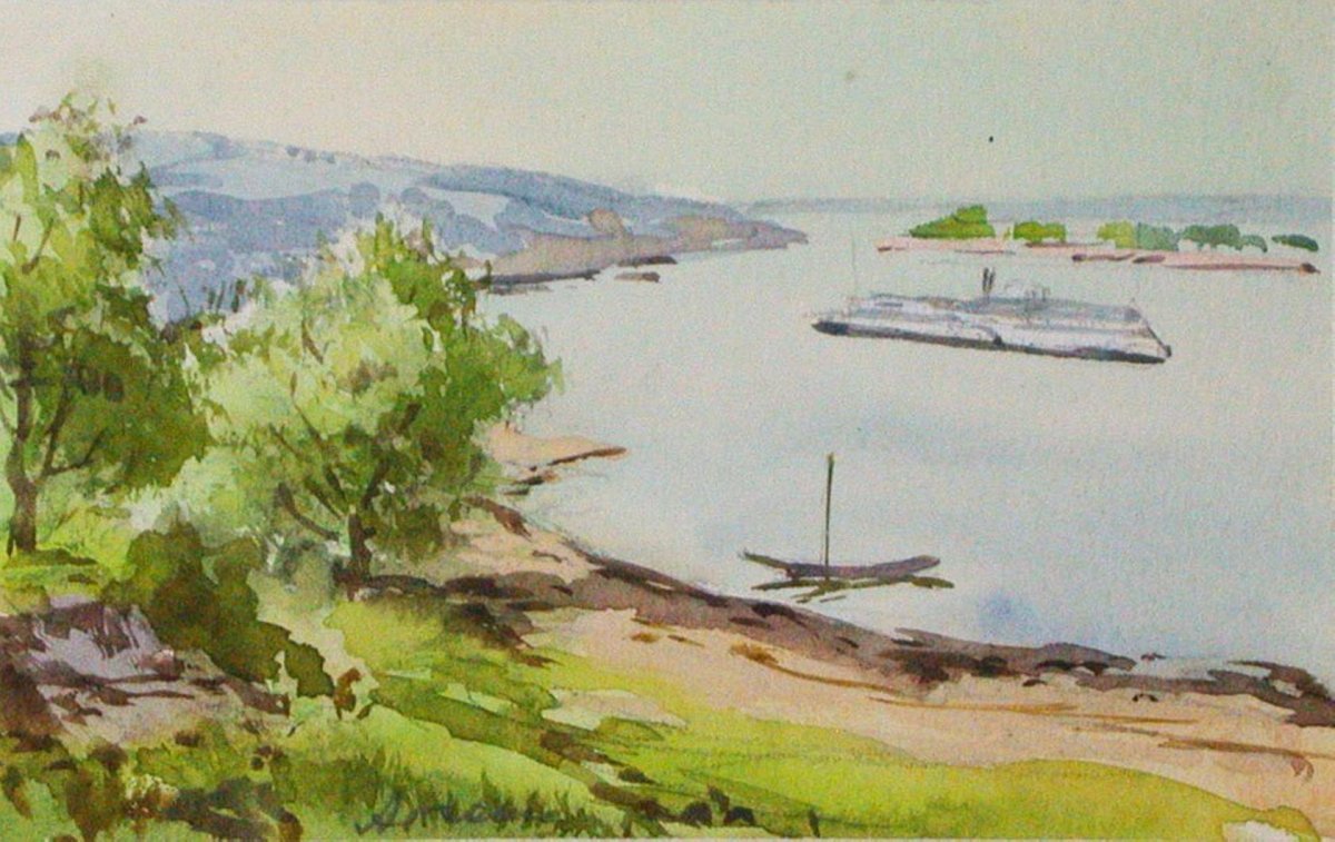 Берег Волги акварелью пейзаж