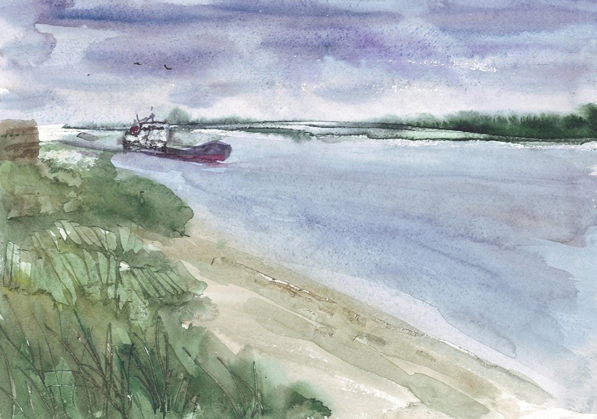 Река Волга акварелью