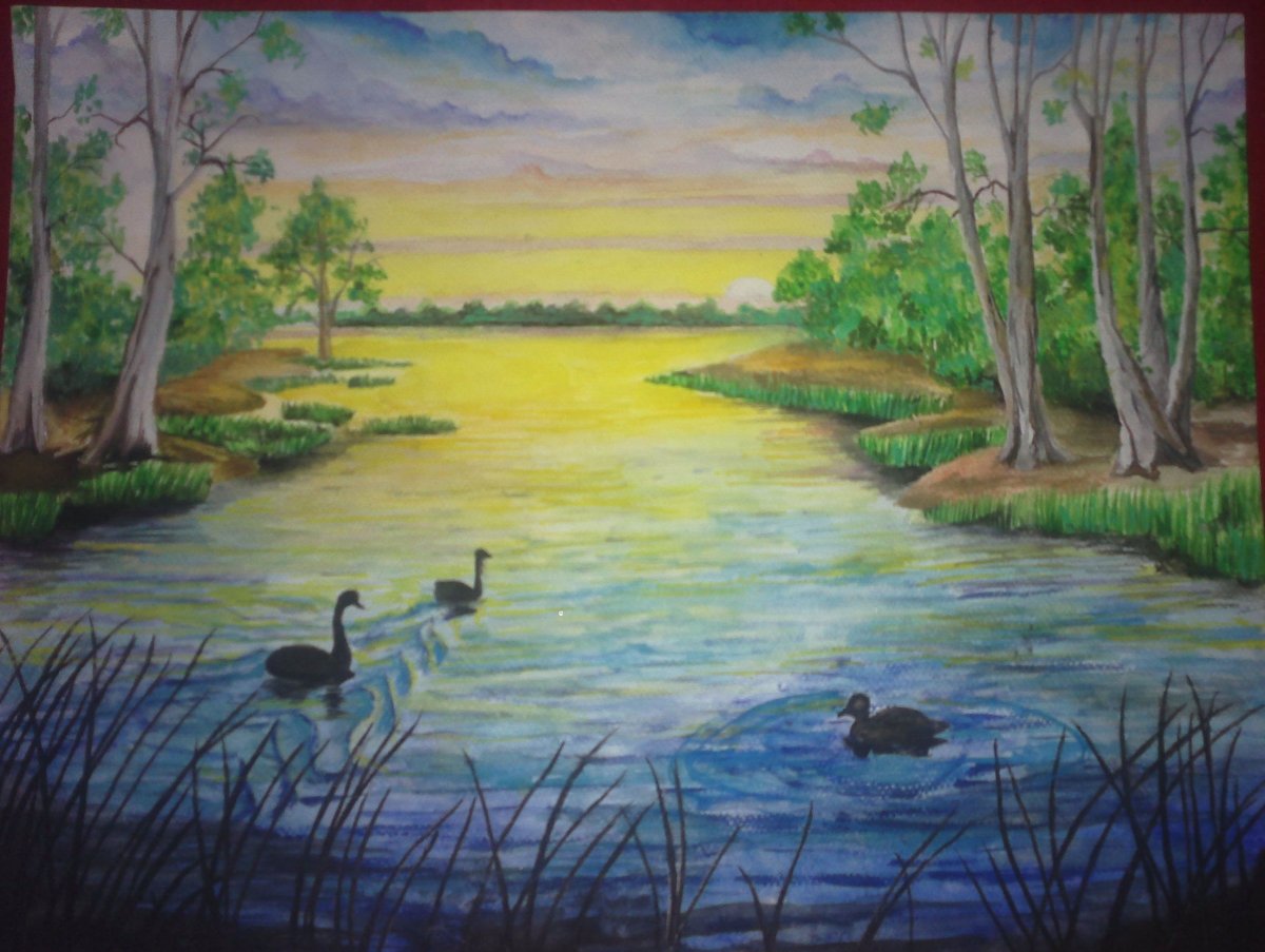 Озеро цветными карандашами