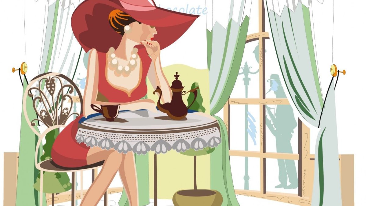 Нарисованная девушка в кафе