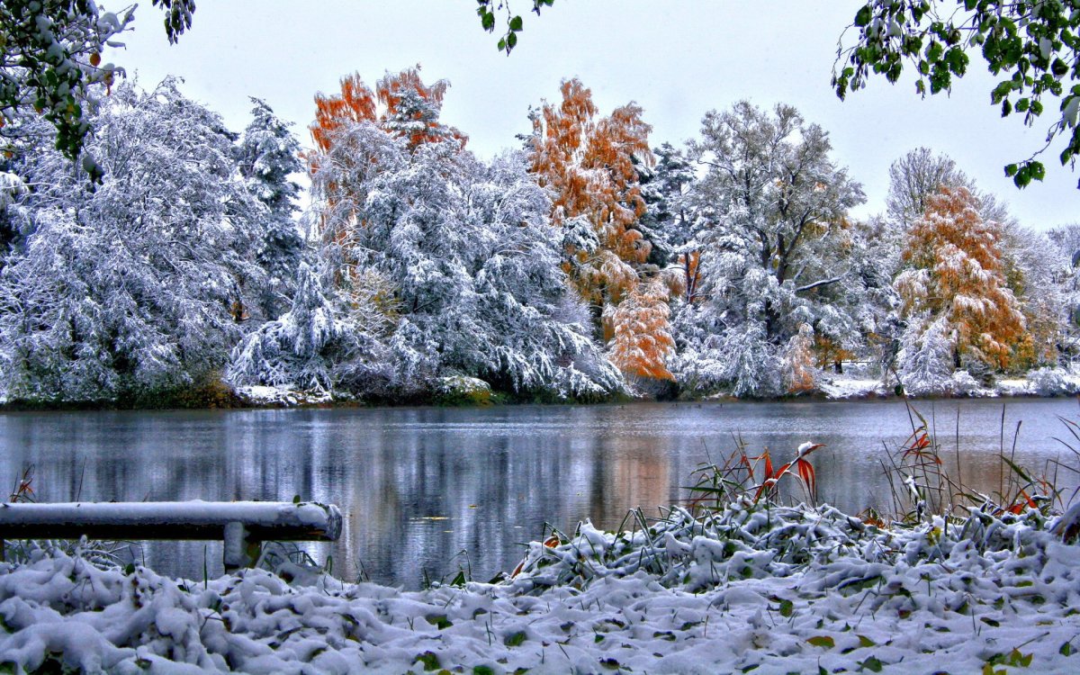 Картинки осеннее озеро и падающий снег