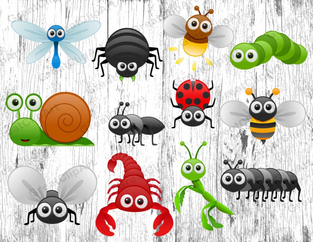 Мультяшные насекомые на белом фоне
