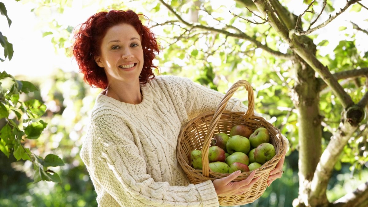Женщина с корзиной яблок