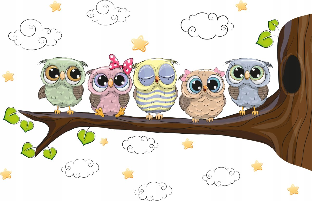 Много мультяшных сов на веточке