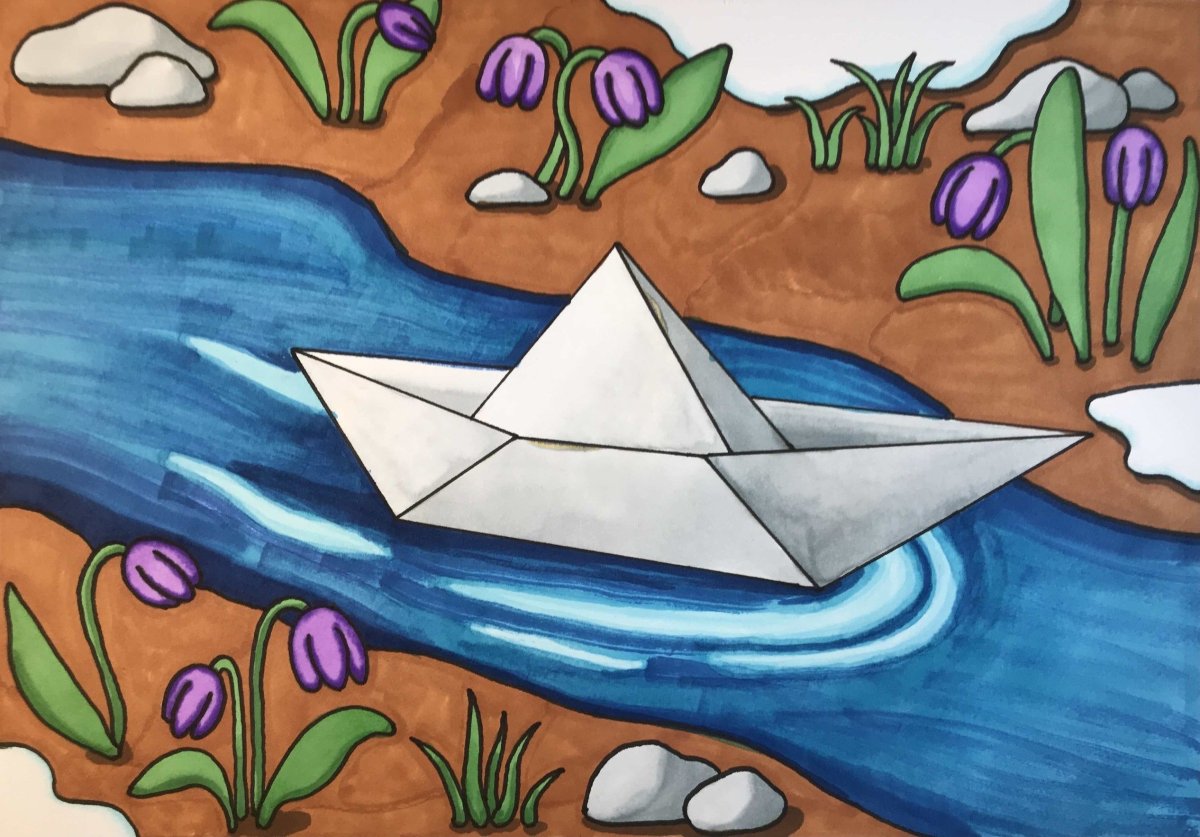 Бумажный кораблик детский рисунок