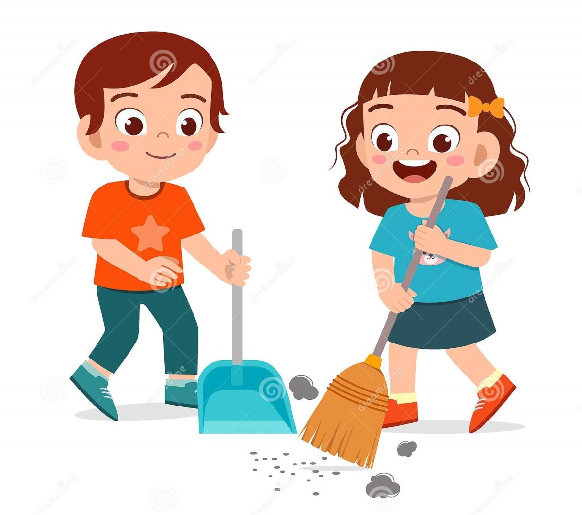 Дети подметают пол