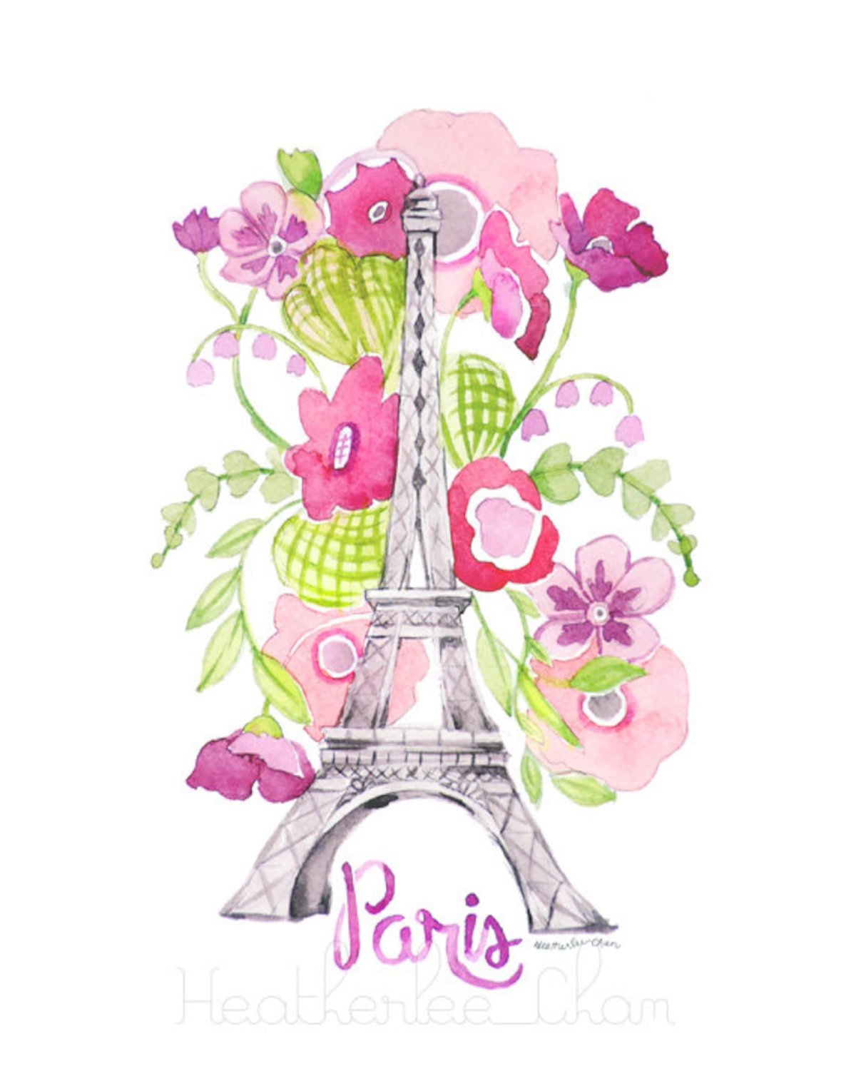 Эйфелева башня с розовыми цветами на белом фоне