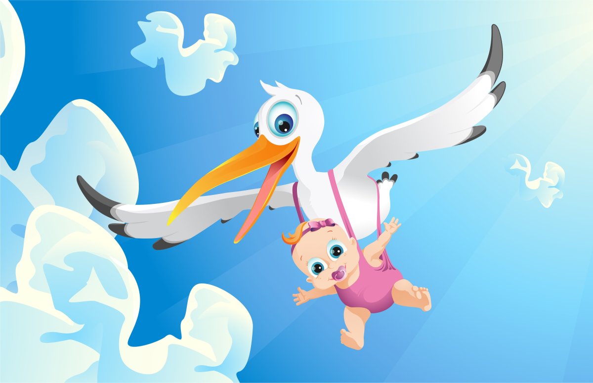 Аист с ребенком девочкой