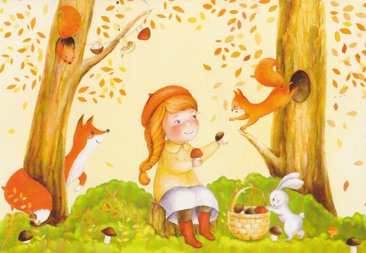 Дети собирают ягоды в лесу