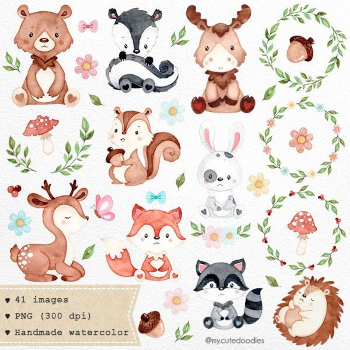 Лесные животные Акварельные клипарты