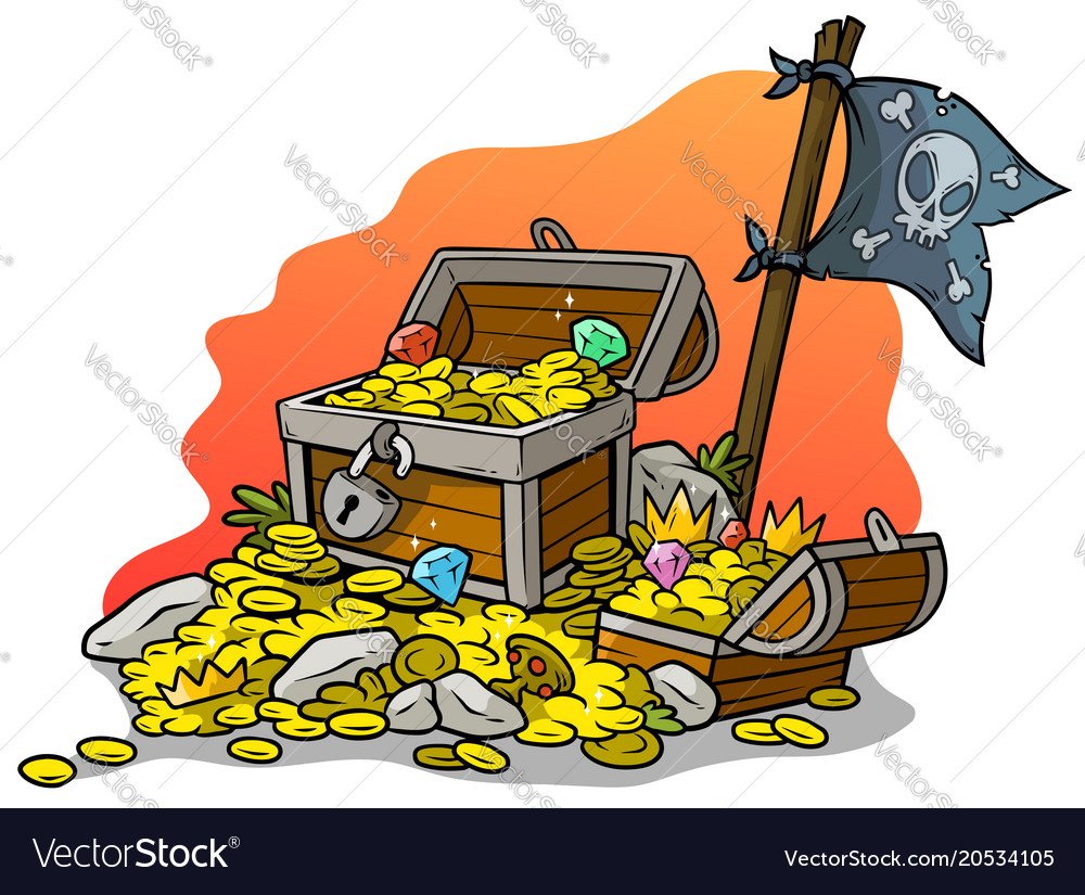 Пират с сундуком и сокровищами