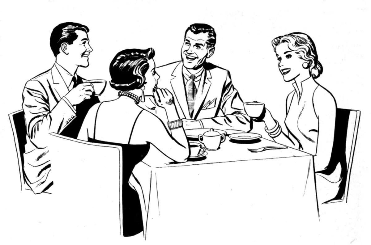 За столом карикатура