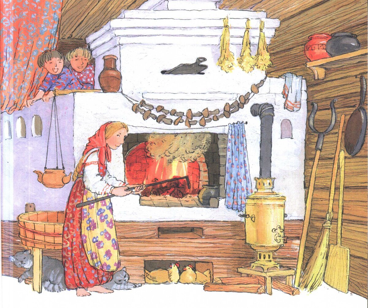 Русская печь в избе для детей