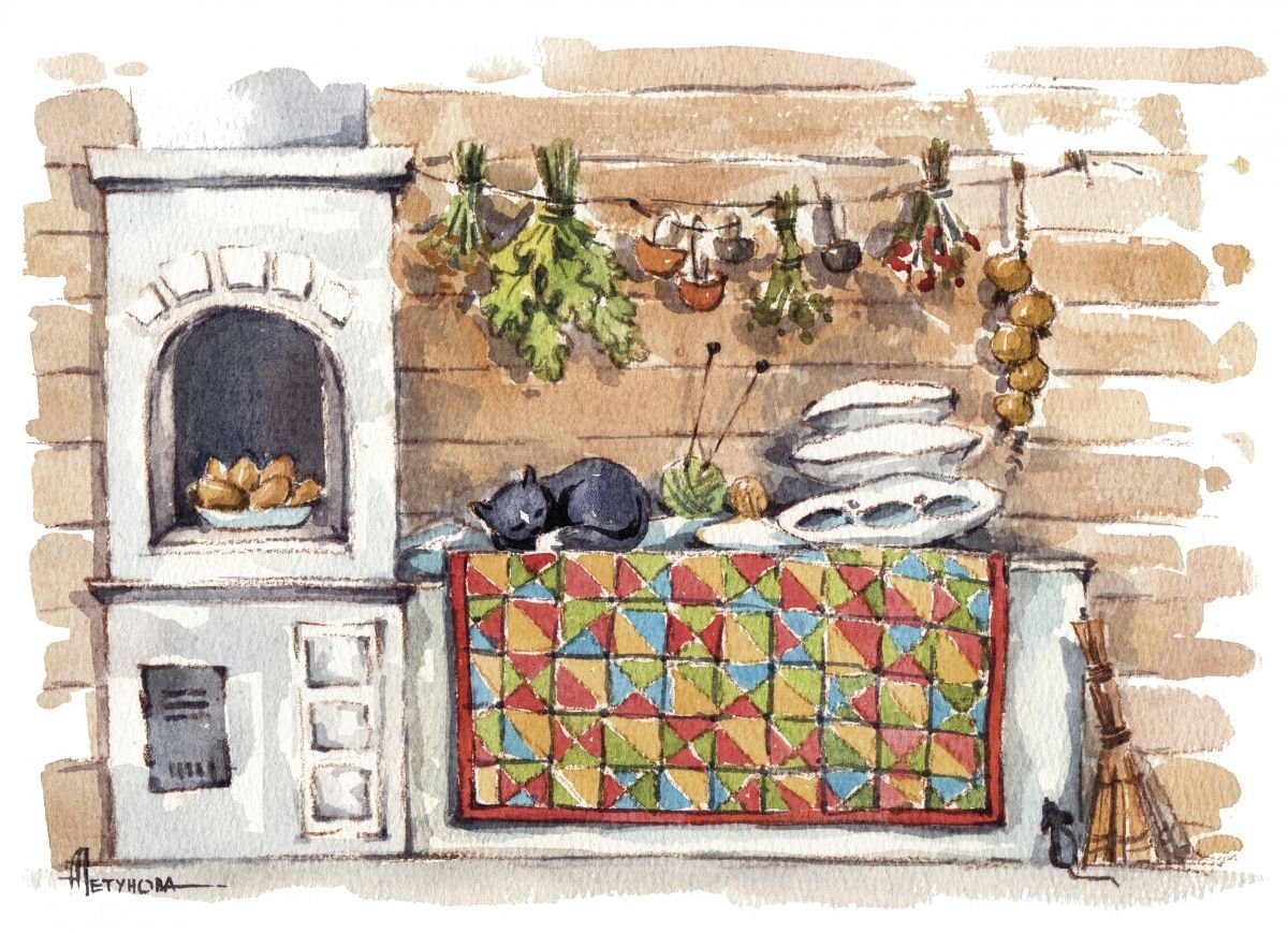 Русская печь акварель