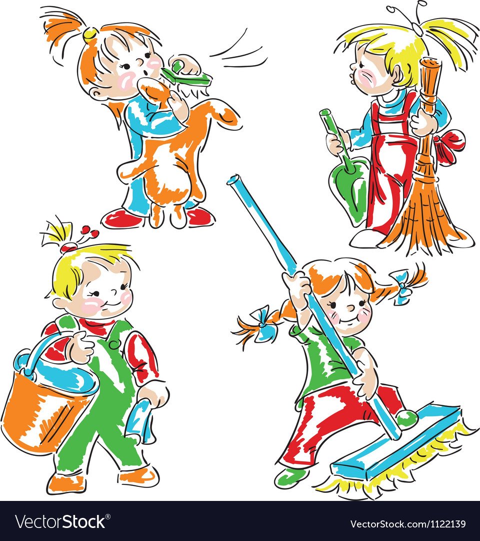 Дети убираются в классе на прозрачном фоне