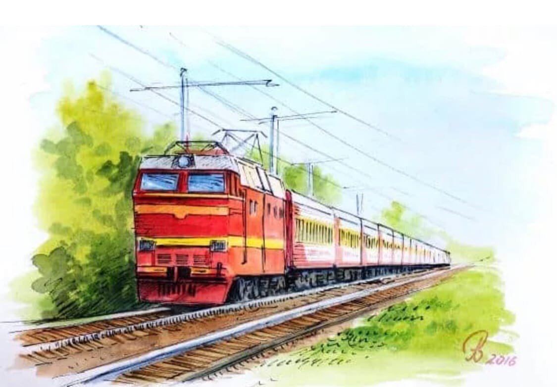 Поезд акварель