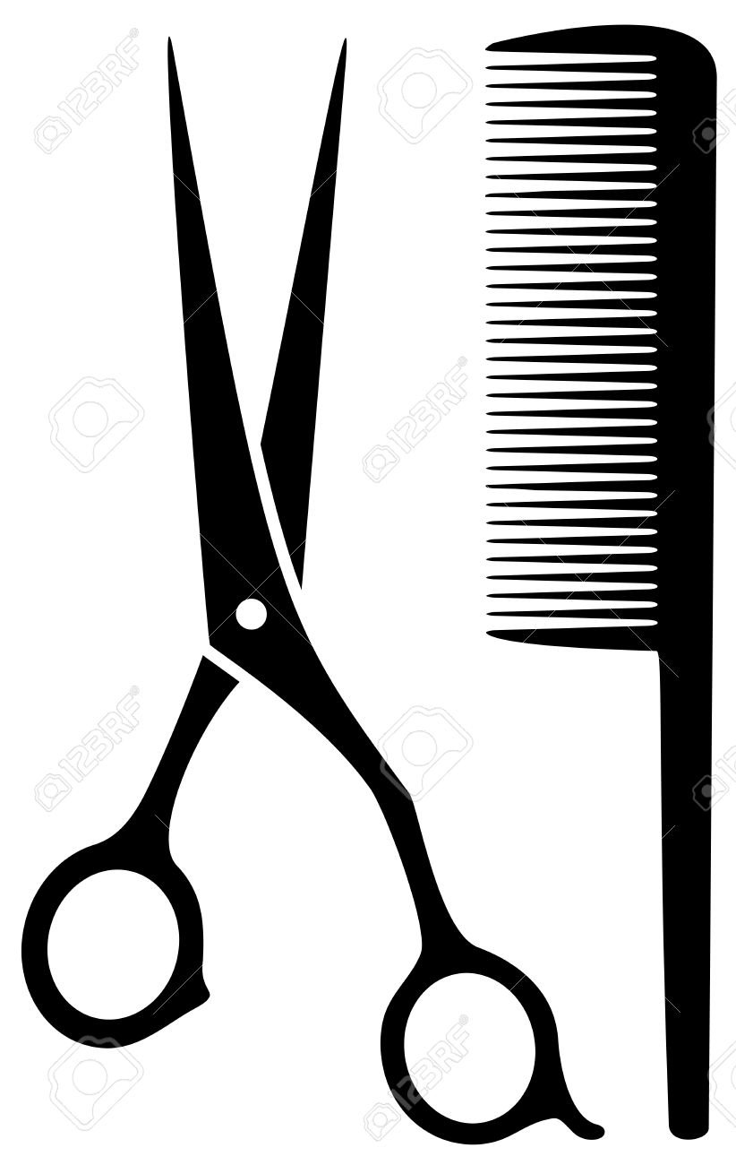 Ножницы и расческа на белом фоне