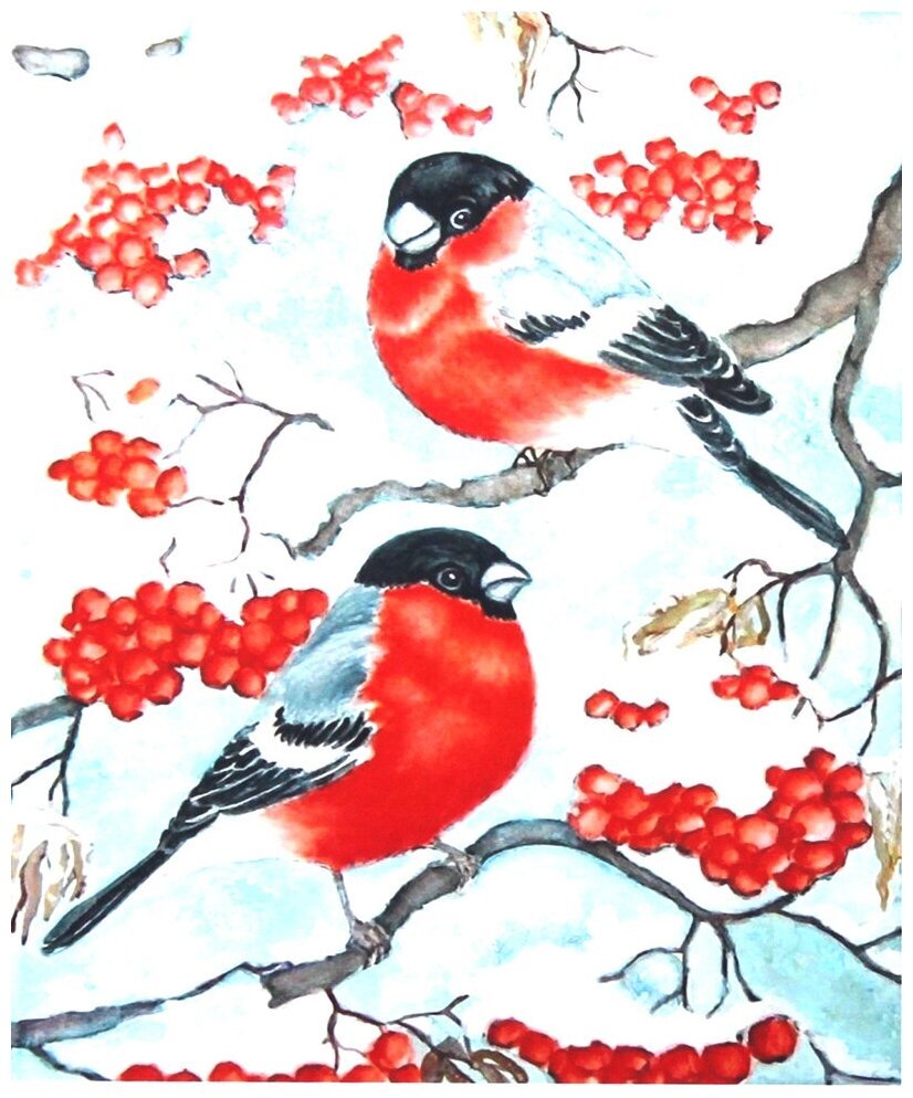 Снегирь на ветке рябины