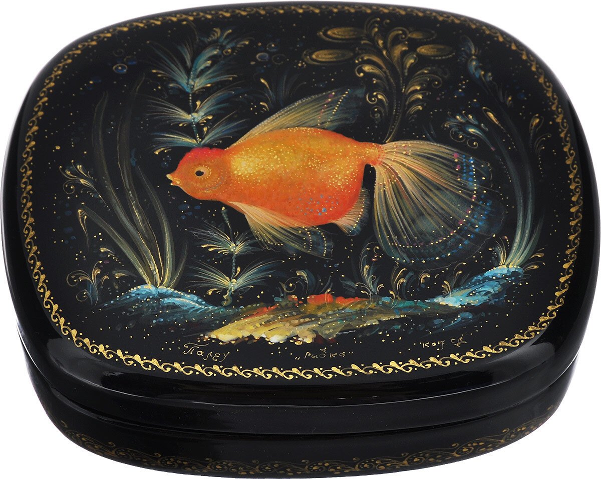 Шкатулка Палех Золотая рыбка