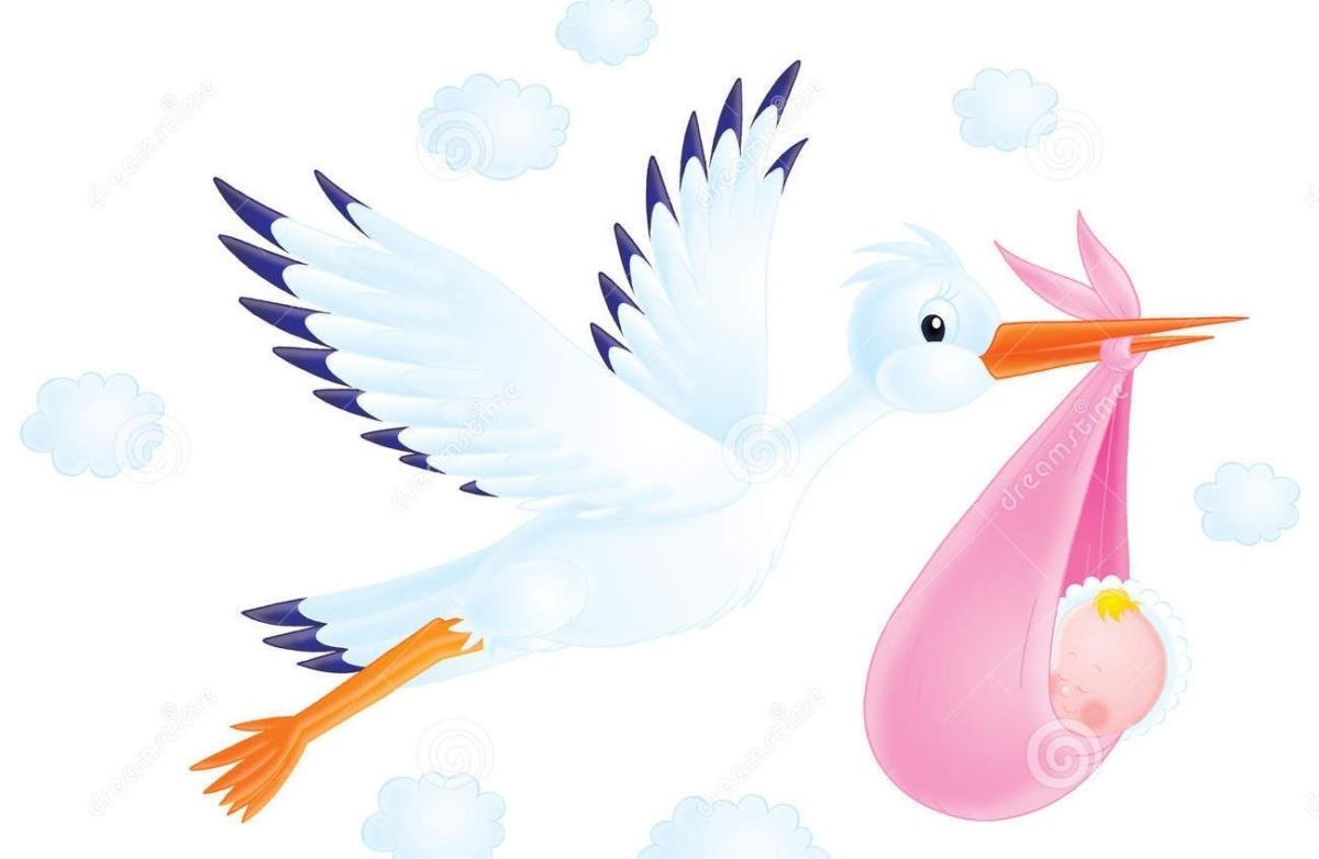 Аист с ребенком в клюве девочка