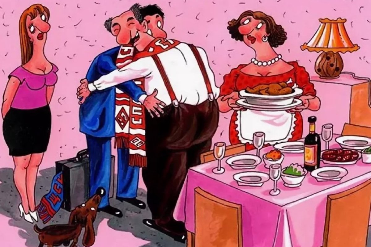 За столом карикатура