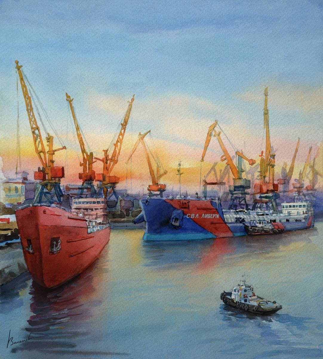 Акварели Александра Губинского корабли порт