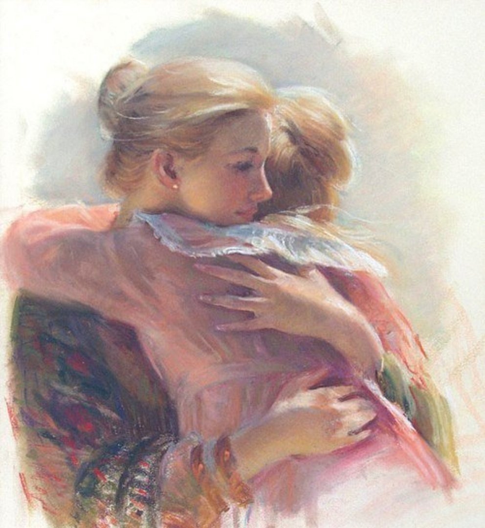 Мама обнимает ребенка акварель
