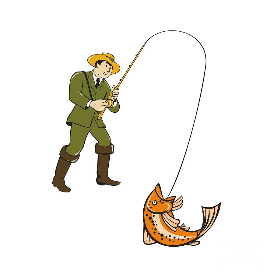 Рыбак с удочкой и рыбой
