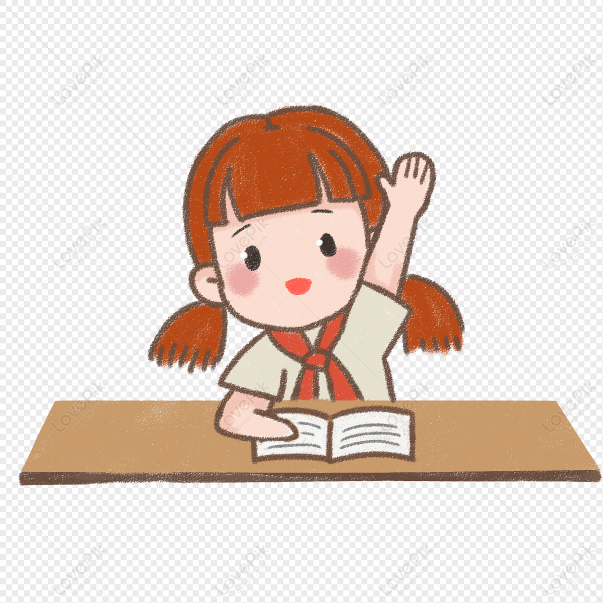 Девочка за партой поднимает руку