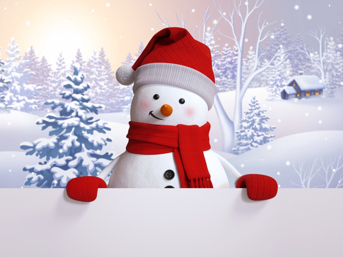 Зимний пейзаж со снеговиком