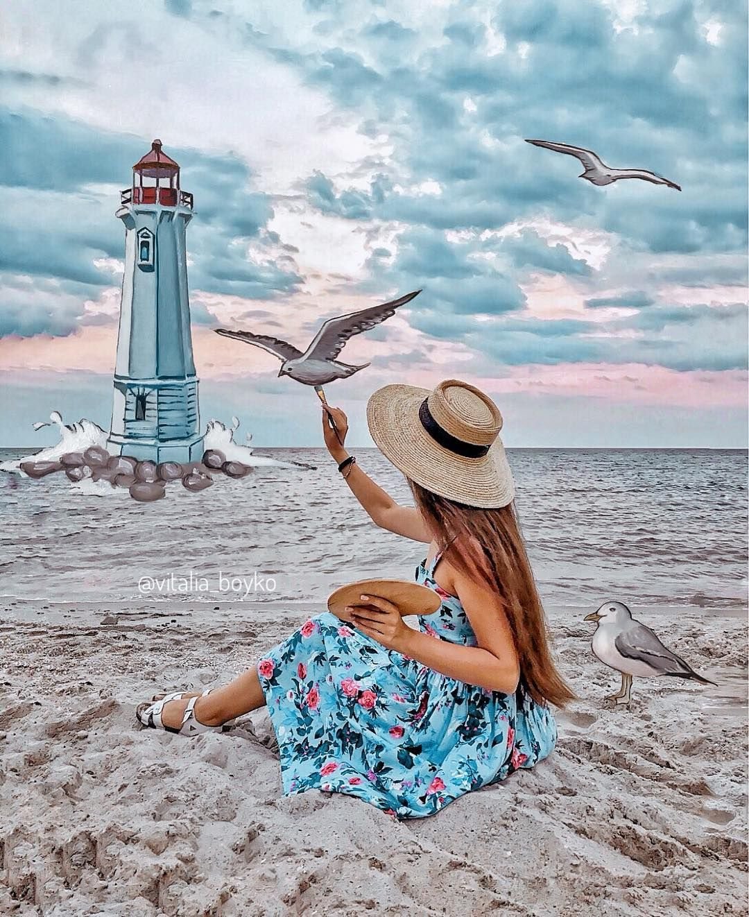 Живопись девушка у моря, Чайки